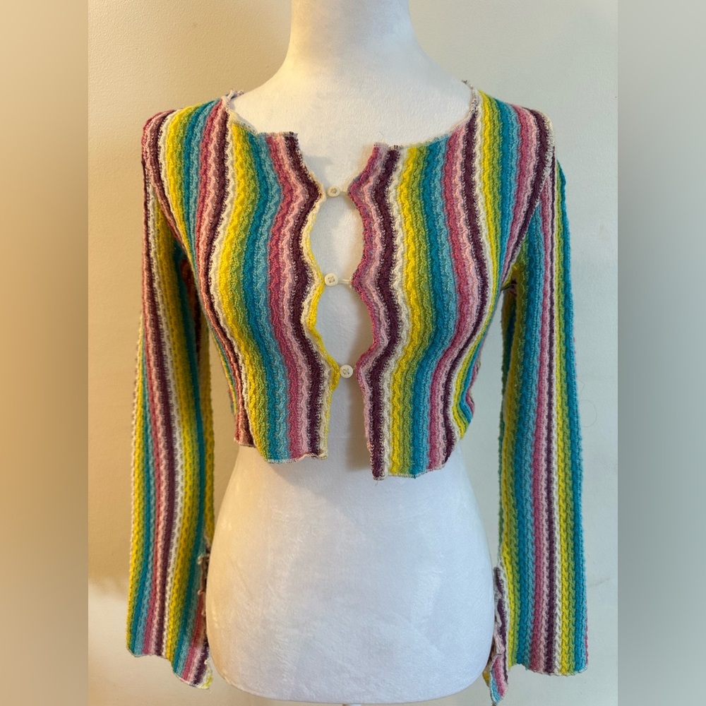 Rainbow striped knit button top